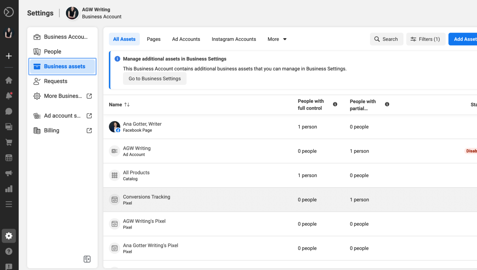 One of Meta Business Suite's business accounts showing all assets