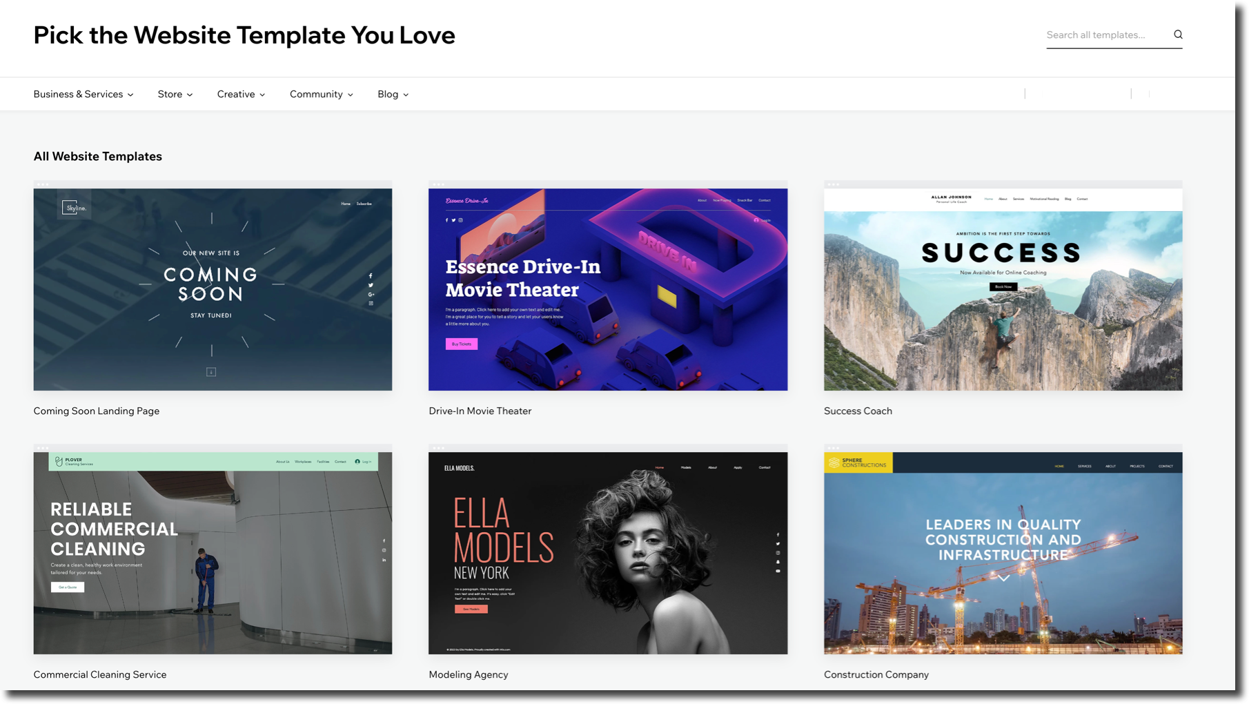 Wix's website templates page