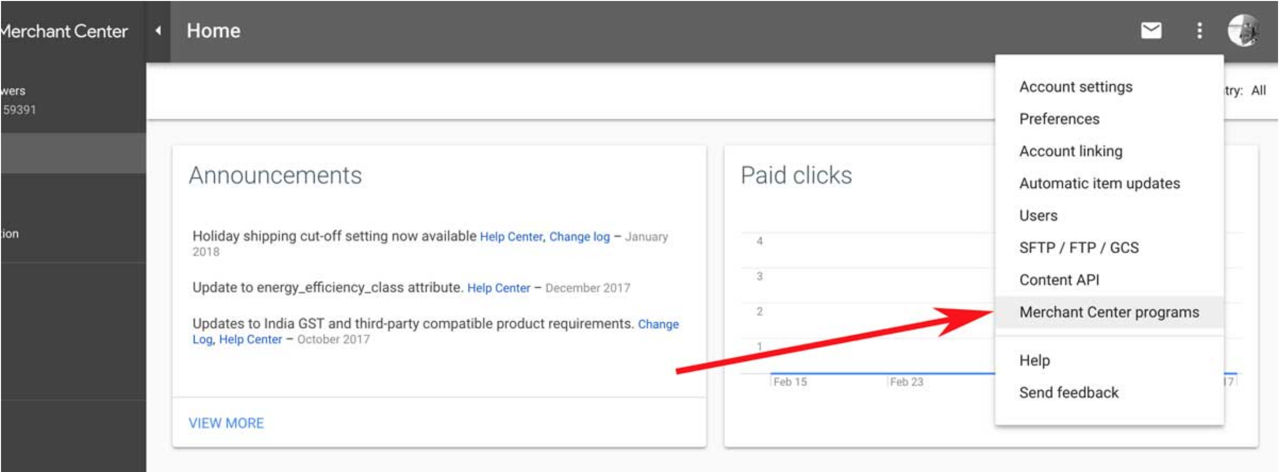 Login to your Google Merchant Center account, open the menu on the right and click on Merchant Center Programs