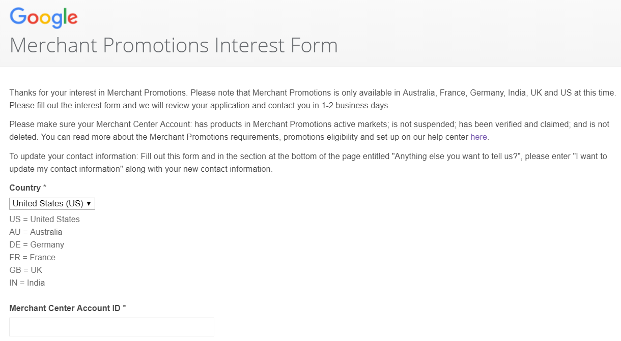 google merchant promotions interest form