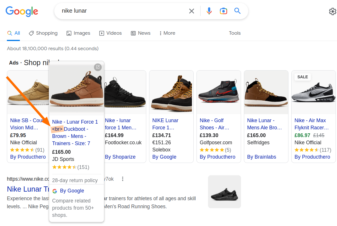 Screenshot of Nike Lunar shoes on Google Shopping