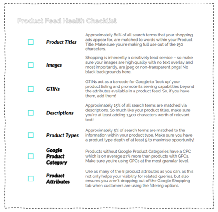 An image showcasing a product feed health checklist including product titles, images, GTINs etc