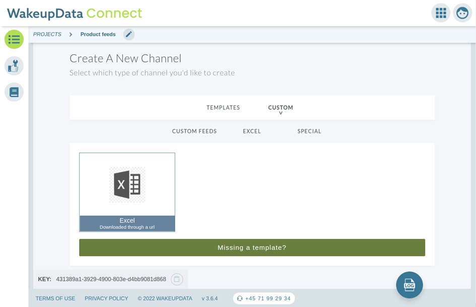 "Create a new channel" site on WakeupData Connect