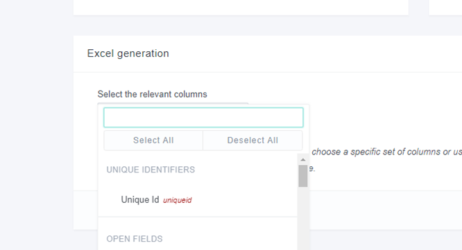 Image of Excel generation, selecting Unique ID