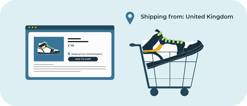 Image of a shopping cart with a shoe inside it, with the text "Shipping from: United Kingdom"