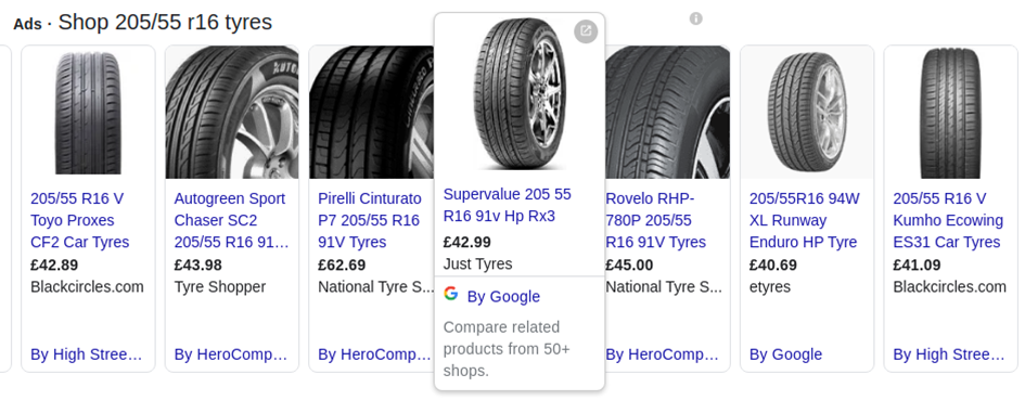 Screenshot of 205/55 r16 tyres on Google Shopping